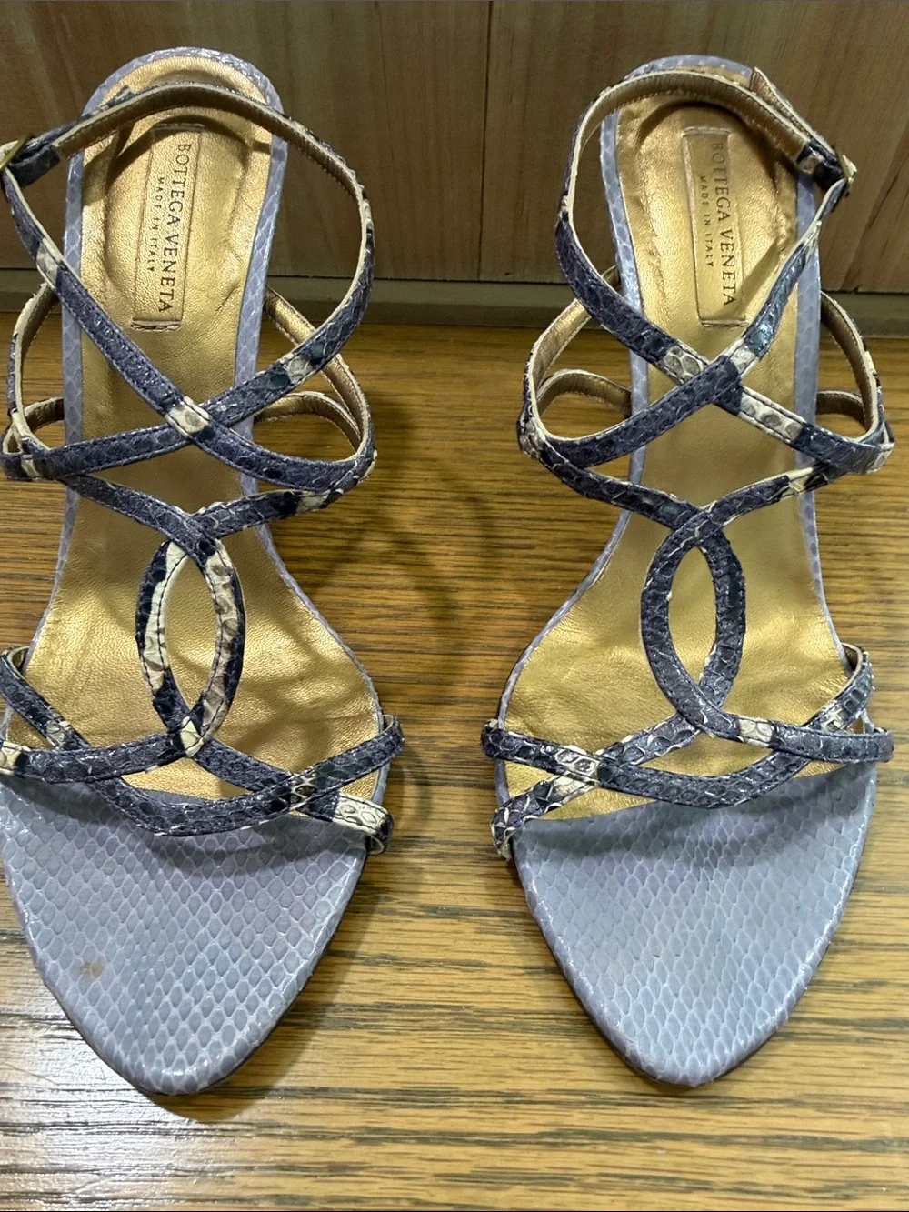 Bottega Veneta Lavender Snake-Effect Strappy Heels